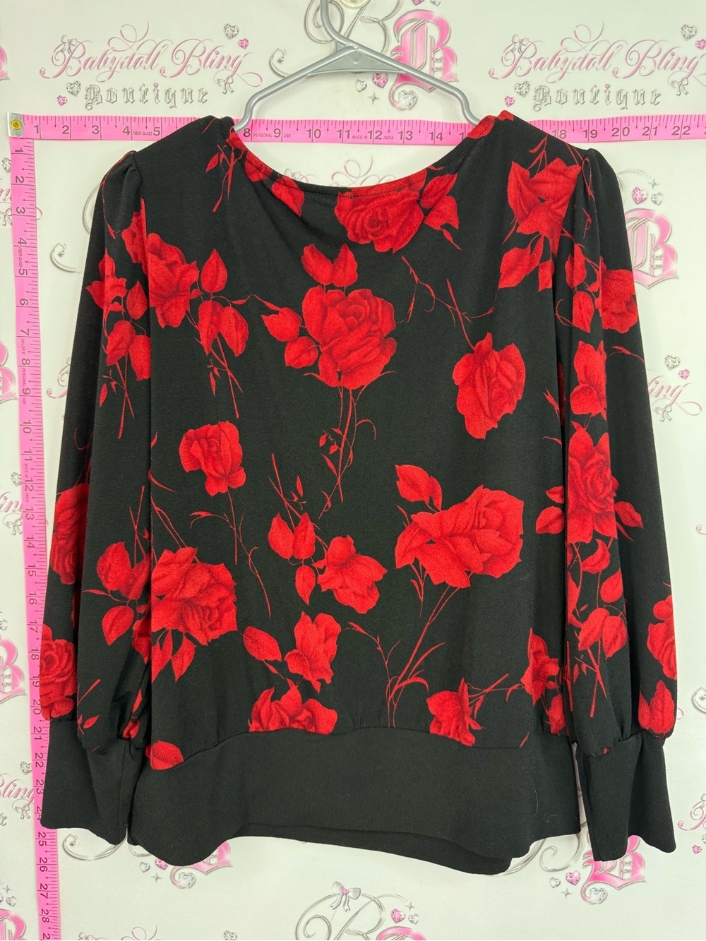 Laura blouse Women's Black Crew Neck Sweater with Red Floral Print - Picture 2 of 7